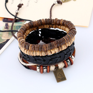 4 pièces/ensemble Bracelets multi-couches en cuir noir et perles en bois style rétro vintage bohème hippie punk, <span class=keywords><strong>as</strong></span> <span class=keywords><strong>de</strong></span> poker, unisexe - Product Image 4
