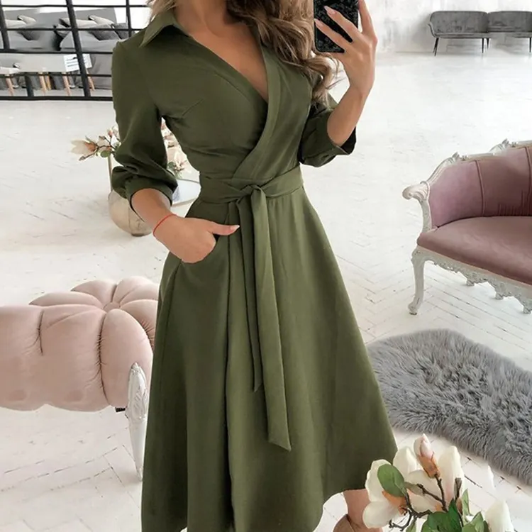 New Spring/Summer Fashion Long Sleeve V-neck Printed Hip Dress Women's Clothing