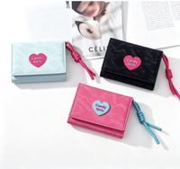 Dompet Lipat Kulit PU Pola Hati Warna Permen, Tempat Kartu Multi-Fungsi, Dompet Pendek Ringan Wanita, Tas Kartu Pelajar