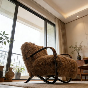 Fauteuil rembourré de style rétro moderne <span class=keywords><strong>avec</strong></span> accoudoirs en bois courbés et accent en fourrure longue en laine pour salon - Product Image 5