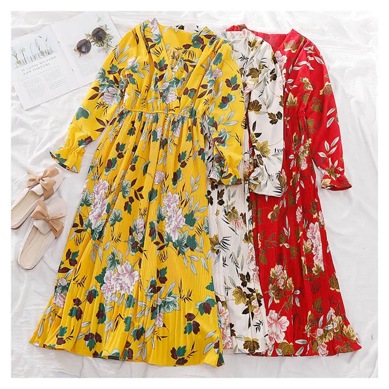 Q201 Coreano Moda Floral Imprimir V Neck Magro Cintura Minúscula Longa Plissada Senhoras Vestido de Roupas Vestidos de Manga Longa