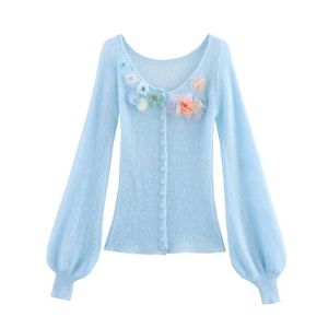 Front Flower Long Sleeve Solid Color Single Breasted Casual Fashion Women's <b>Cardigan</b> <b>Sweater</b> - Product Image 4