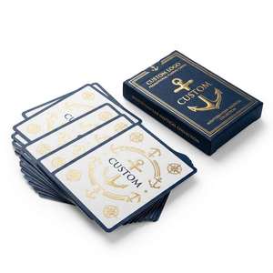 Jeu de cartes de poker personnalisé style nautique méditerranéen, finition lin, bleu et doré à chaud, pour club nautique, bateau de croisière, cadeau - Product Image 1