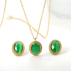 Conjunto de pendientes y collar de piedra ojo de gato ovalada, joyería fina para mujer, engaste de bisel de acero inoxidable, uso diario - Product Image 3