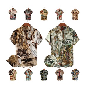 Camisas Hawaianas de Seda 100% para <span class=keywords><strong>Hombre</strong></span>, a Rayas, para Vacaciones de Verano en la Playa, Estilo Vintage con Mapa Náutico de Barco Pirata, Tallas Grandes - Product Image 1