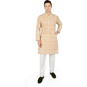 Conjunto de Kurta y Pijama para Hombre Triloki, Algodón con Estampado Digital, Ropa Tradicional Étnica India, Traje para Diwali y Puja, Pantalones Blancos - Product Image 1