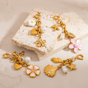 Stainless Steel Plated Jewelry Findings Mixed Shapes Gold Color Pearl <b>Flower</b> Charms for <b>Bracelet</b> Making DIY Accessories - Product Image 2