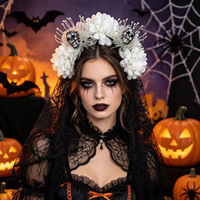 Bandana Rambut Tengkorak Halloween Buatan Tangan Baru & Ikat Kepala Renda Bunga Palsu, Hiasan Kepala Pesta Hari Orang Mati Meksiko untuk Wanita, Merek Hongya
