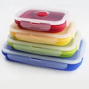 4PCS Silicone Collapsible Bento Folding Food Storage Container Round Leakproof Lunch Box Portable Outdoor Picnic