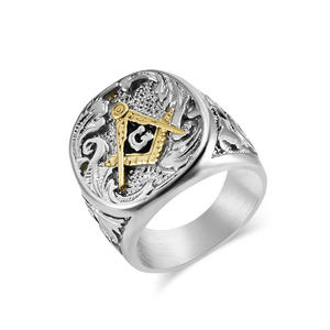 Bague pour homme en acier inoxydable plaqué or vintage, maçonnique, avec signet maçonnique de maître - Product Image 1