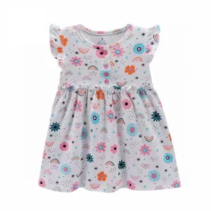 wholesale summer kids clothing Floral skirt cotton casual ruffle shoulder sleeveless baby girl dress
