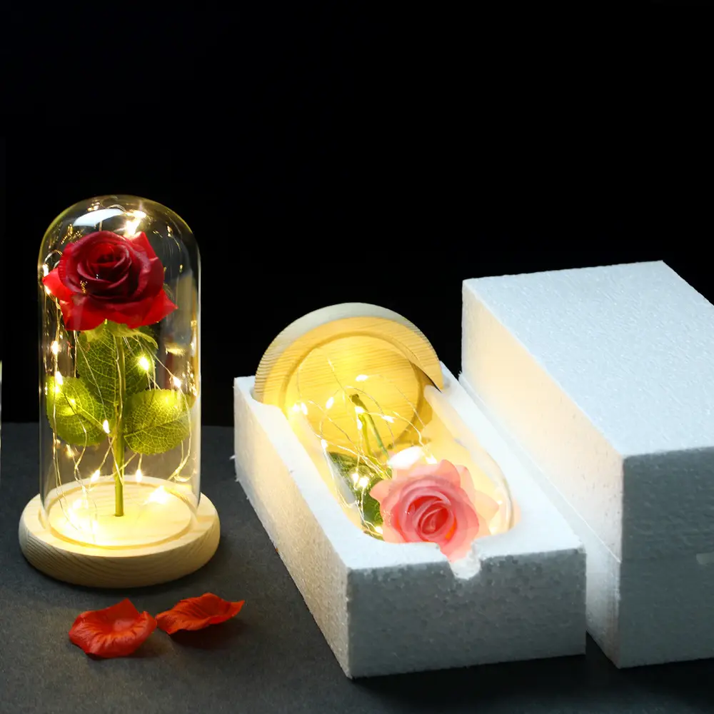Texture réaliste Rose Belle et la Bête Rose en dôme de verre Led Fleur pour cadeau de Saint-Valentin et cadeau de fête des mères