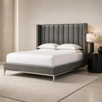 Maßgefertigtes Modernes Designer-Lederbett mit Vertikalen Kanälen für Luxushotels mit Metallgestell und Anpassbarem Kopfteil