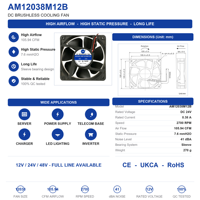 AM12038M12B Kugellager 12V 2-Pin 3000RPM 120x120x38mm Bürstenloser DC Hochleistungs-Lüfter Elektrischer OEM-Kühlventilator