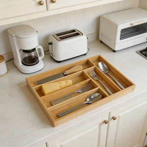 Bamboo Cutlery <b>Storage</b> <b>Box</b> Six Compartment Rectangular Eco Friendly Drawer Organizer <b>Kitchen</b> Utensil Holder - Product Image 1