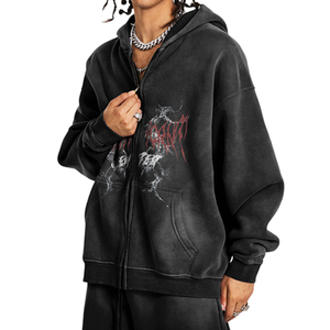 Felpa con Cappuccio Oversize Premium Personalizzata Stile Gotico Streetwear da Uomo con Dettagli Consumati Estetica <span class=keywords><strong>Dark</strong></span> Academia ODM in Pile - Product Image 3