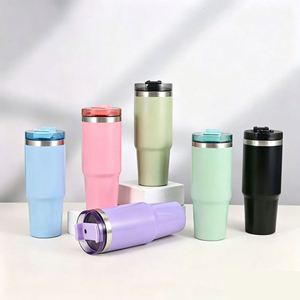 Gobelet isotherme sous vide en acier inoxydable de 30 oz avec revêtement poudré, tasse de voiture avec poignée et paille, logo personnalisé imprimé - Product Image 1