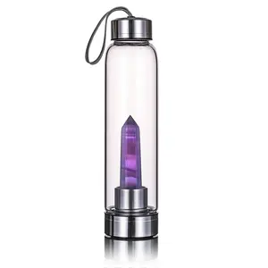 Groothandel Rvs Luchtdicht Deksel Clear Borosilicaatglas Drinkwater Fles Met Energie Healing Crystal Binnen