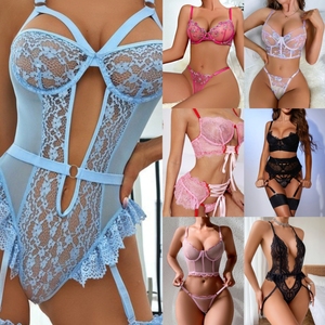Conjunto de lencería sexy transpirable para mujer con tirantes de encaje de malla, lazo y control de luz, bordado 3D, venta al por mayor, novedad - Product Image 4