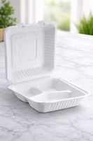 ProTakeOut [8 X 8/9 X 9] Contenants à charnières en bagasse à 3 compartiments, lot de 200 (100/2), sans PFAS, blancs, compostables, compatibles micro-ondes