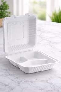 ProTakeOut [8 X 8/9 X 9] Contenants à charnières en bagasse à 3 compartiments, lot de 200 (100/2), sans PFAS, blancs, compostables, compatibles micro-ondes - Product Image 4
