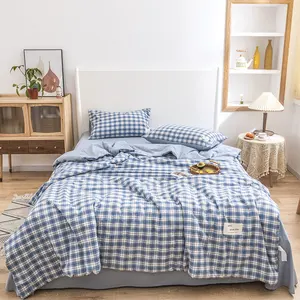 Square Blue Cotton Washable Summer Quilt Duvet Cover Sets Custom Bed Sheet Cotton Bedding Set