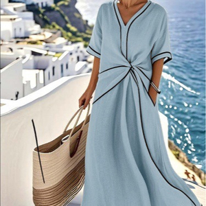 Vestido Midi Formal <span class=keywords><strong>de</strong></span> Mujer con Cuello en V, Manga Corta, Bloques <span class=keywords><strong>de</strong></span> Color, Cintura Natural, Ecológico y Transpirable - Product Image 4