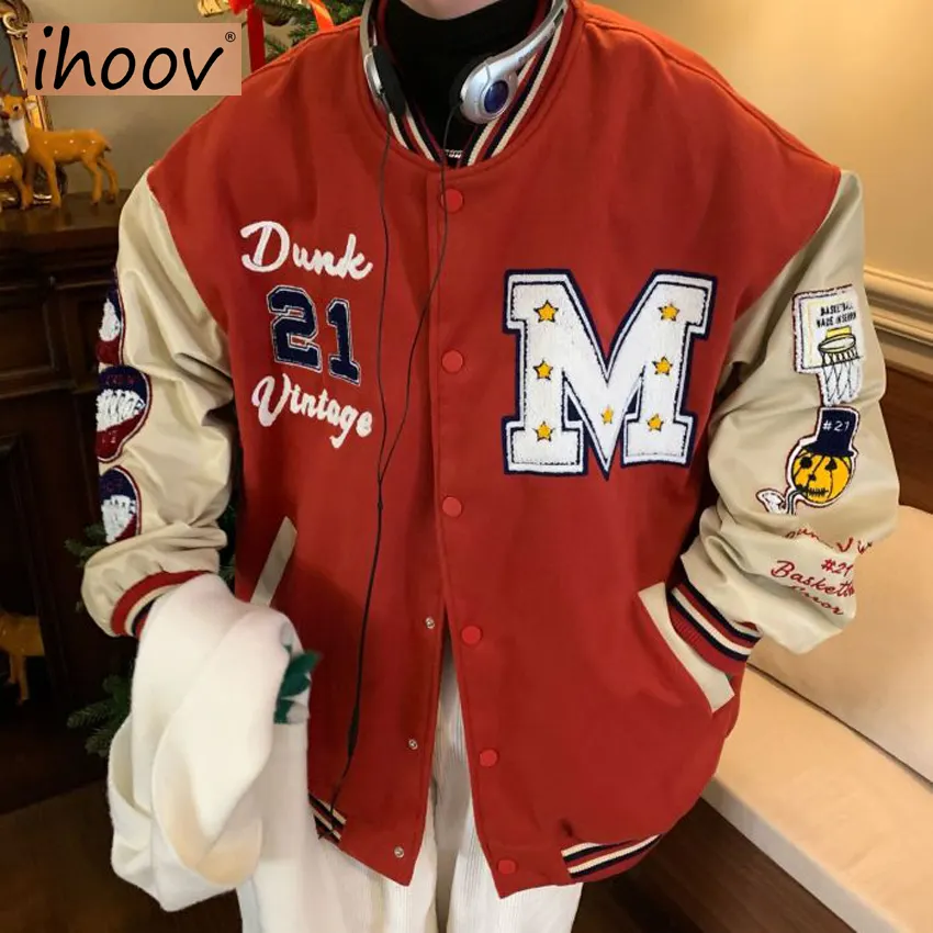 IHOOV stylish sport baseball men's jackets with leather sleeve 2022 winter bomber jacket coat for women