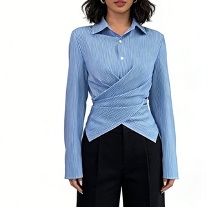 เสื้อเชิ้ตผู้หญิงลายทางแบบพันด้านหน้า แขนยาว คอปก มีเชือกผูกด้านหลัง สไตล์ลำลอง แฟชั่นสำหรับใส่ทำงาน - Product Image 1