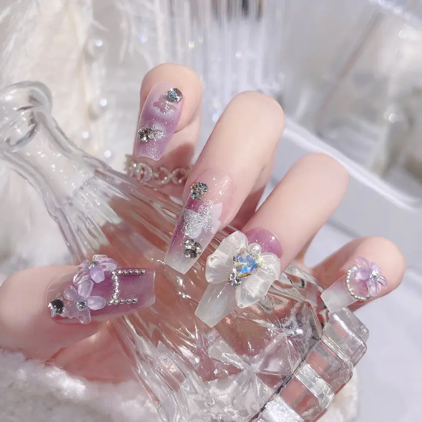 Riutilizzabile farfalla viola Glitter all'ingrosso unghie finte unghie artificiali acrilico unghie finte premere sulle unghie