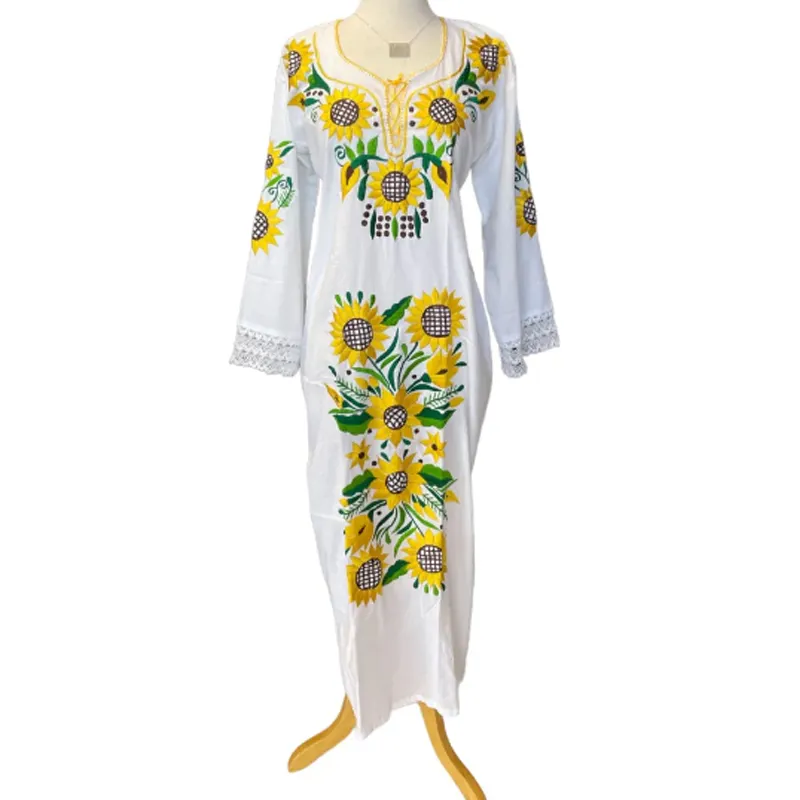 कस्टम महिला सफेद पुष्प कढ़ाई वाली पोशाक लंबी आस्तीन वाली मिडी कढ़ाई वाली पोशाक मैक्सिकन सूरजमुखी कढ़ाई वाली पोशाक