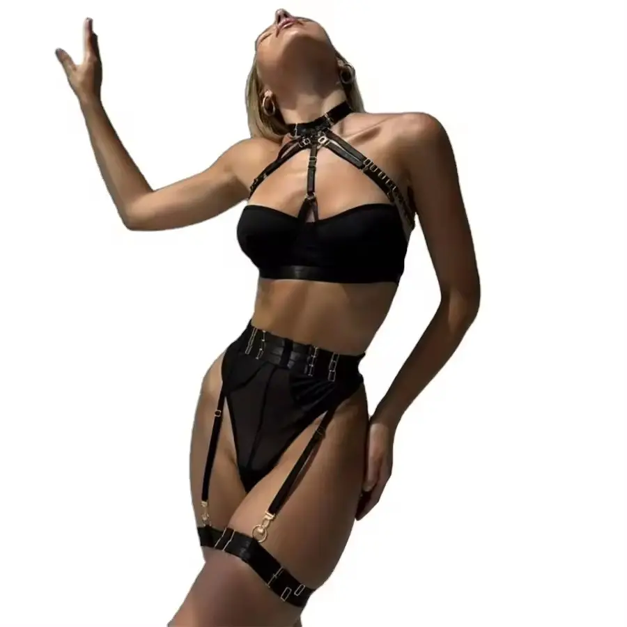 Strap Cutout Outfit Fashion Neck Suspenders High Waist Garter Mature Women Sexy Lingerie Black Underwear