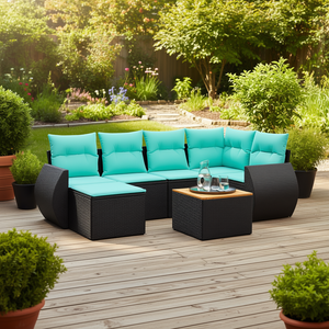 Set di divani da giardino in polyrattan nero, 7 pezzi con cuscini, mobili da esterno, stile contemporaneo, design moderno - Product Image 2