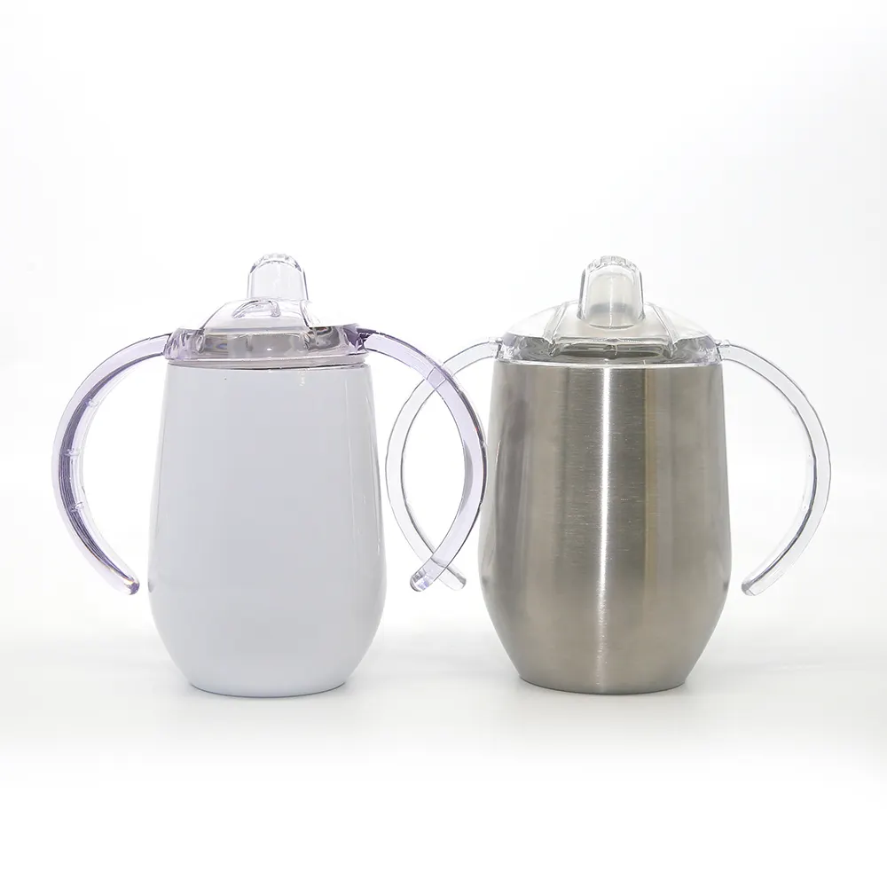 Logo Kustom 10 Oz Bpa Tutup Bebas Bayi Sippy Cups Bentuk Telur Dinding Ganda Terisolasi Stainless Steel Sippy Cups dengan Pegangan