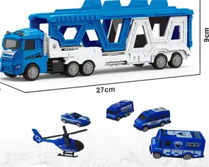 大型城市弹射运输拖车，配有警车和飞机玩具运输车恐龙卡车运输车