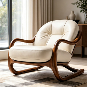 Fauteuil <span class=keywords><strong>de</strong></span> loisirs Loop Sled Base avec structure en bois massif et accoudoirs courbes, coussin en cuir crème capitonné <span class=keywords><strong>pour</strong></span> coin <span class=keywords><strong>de</strong></span> fenêtre <span class=keywords><strong>de</strong></span> style Mid-Century - Product Image 6