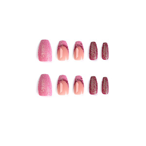 Faux ongles en gel français rose et violet de haute qualité, paillettes, séquins, faux ongles simples, rectangulaires moyens, ongles artificiels - Product Image 5