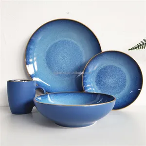 Groothandel Oem China Fabriek Custom Design Logo Blauw Groen Porselein Diner Set Reactief Glazuur Steengoed Keramisch Servieset