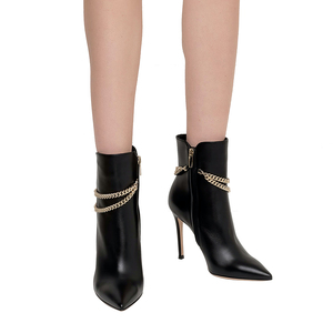 Sivri burun şık altın Metal zincir kısa çizmeler siyah Stilettos yüksek topuk patik kadın kış ayakkabı - Product Image 5
