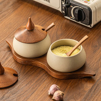 Pot à épices en céramique classique avec couvercle en bois, rangement pour la cuisine, conteneur pour épices, sel et aliments