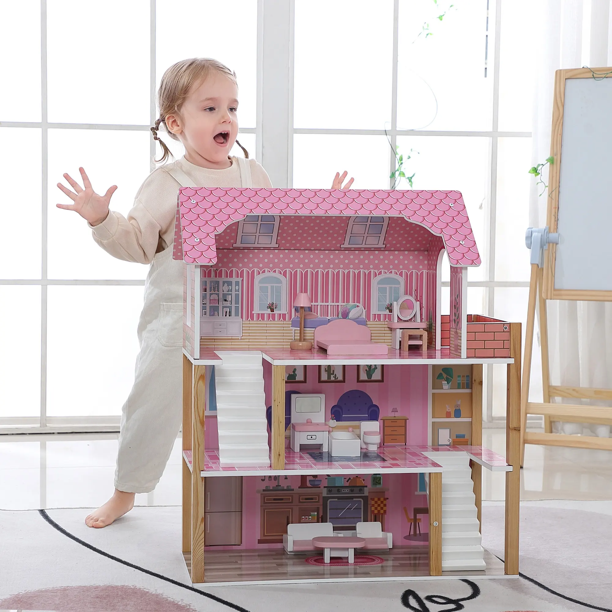 Toptan özel pembe Dollhouse ahşap minyatür mobilya oyuncak setleri poppenhuis büyük roombox DIY tarzı kızlar için bebek evi