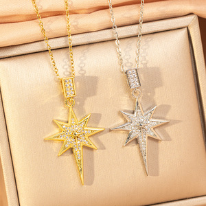 Collier ras du cou en cuivre plaqué or véritable 18 carats avec pendentif étoile en zircone, chaîne en acier titane, micro-pavé, élégant, léger, luxueux, tendance pour femmes - Product Image 1