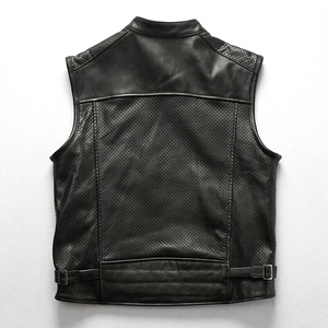 <b>Men's</b> Black PU <b>Leather</b> Moto <b>Vest</b> Stand Collar Zipper Closure Breathable Summer Sleeveless Jacket Solid Color Regular Fit - Product Image 4