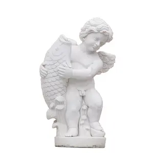 白色大理石儿童雕塑小天使大理石带鱼雕像花园装饰石雕