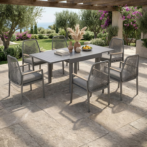 Moderno Juego de Comedor de 7 Piezas para Exteriores, Mesa Extensible de Aluminio y 6 Sillas de Ratán, Juego de Muebles de Jardín Expandible para Villa - Product Image 1