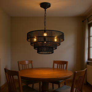 Lustre Bohème à 4 Niveaux en Corde de Chanvre Noire Rustique, Suspension 6 Ampoules E12 Filaire pour Salle à Manger - Product Image 2