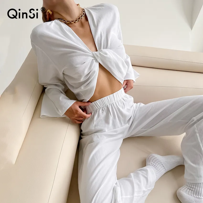 Qinsi ชุดนอนแขนยาวสำหรับผู้หญิง, ชุดนอนแฟชั่นฤดูใบไม้ร่วงชุดนอนคอวีเซ็กซี่เสื้อตัวสั้น