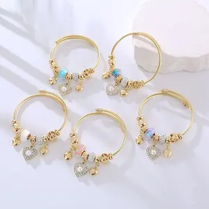 Penjualan terlaris gelang liontin hati peal kristal besi tahan karat berlapis emas gelang liontin hati CZ manik-manik lubang besar untuk wanita