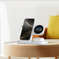 Base de Carga Inalámbrica 3 en 1, Estación de Carga Rápida de 15W, Reloj Despertador Digital, Soporte Multifuncional para Teléfono, Reloj y Auriculares, ABS