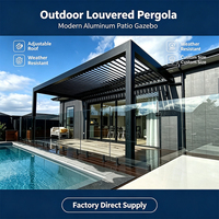 Pergola bioclimatique hybride murale autoportante en aluminium avec toit à lames motorisées pour espace de divertissement extérieur dans la cour